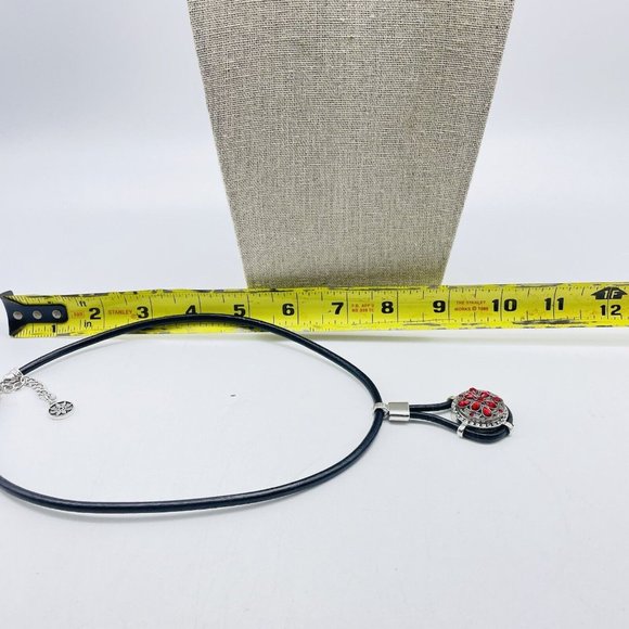 Red Rhinestone Pendant Necklace Silver Tone Black Faux Leather Cord Boho Classic - Picture 5 of 7